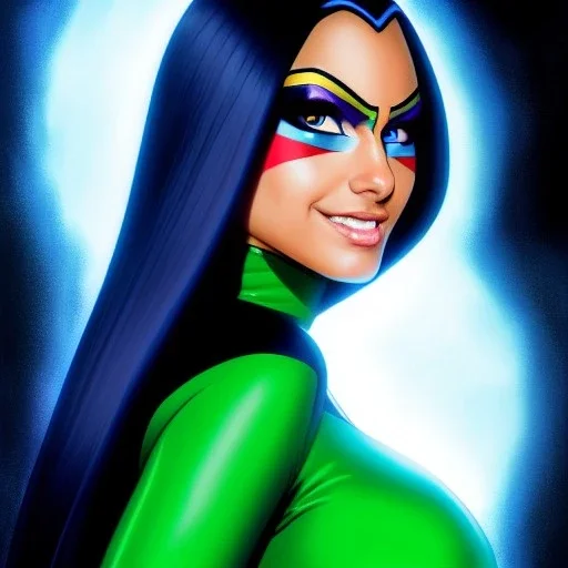 ultra detailed fullbody portrait of beautiful booty busty Raven teen titans, wearing darkblue skintight costume, extremely detailed digital painting, intrincate, extremely detailed smiling face,crystal clear Big Green eyes, in the style of adam hughes , mystical colors , perfectly centered image, perfect composition, rim light, beautiful lighting,8k, stunning scene, raytracing