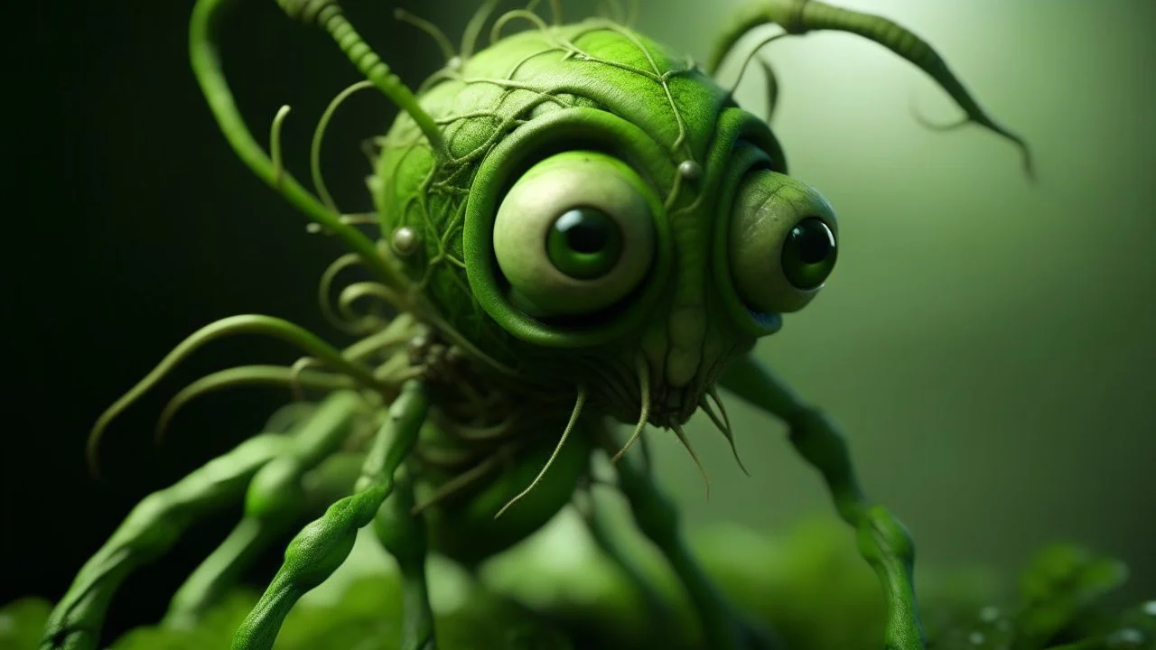 A close-up view of a green, alien-like creature with large eyes and a textured, organic body surrounded by twisted, vine-like appendages against a