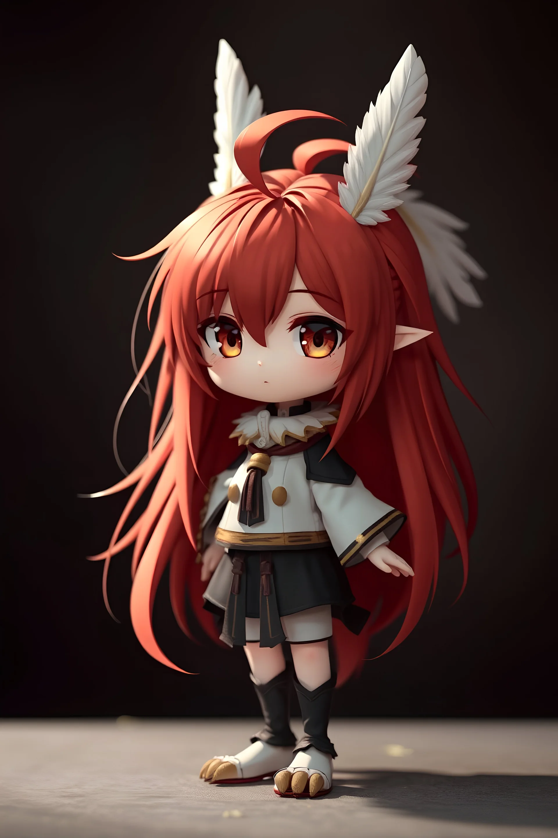 a chibik with long red hair, brown eyes and two white feathers on the sides of his head in full height