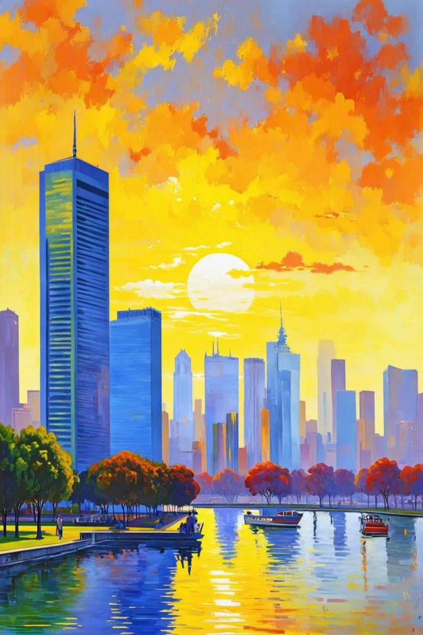 sunset, buildings, lake, city, park, trees, cyberpunk, distopic, sci-fi, claude monet impressionism paintings