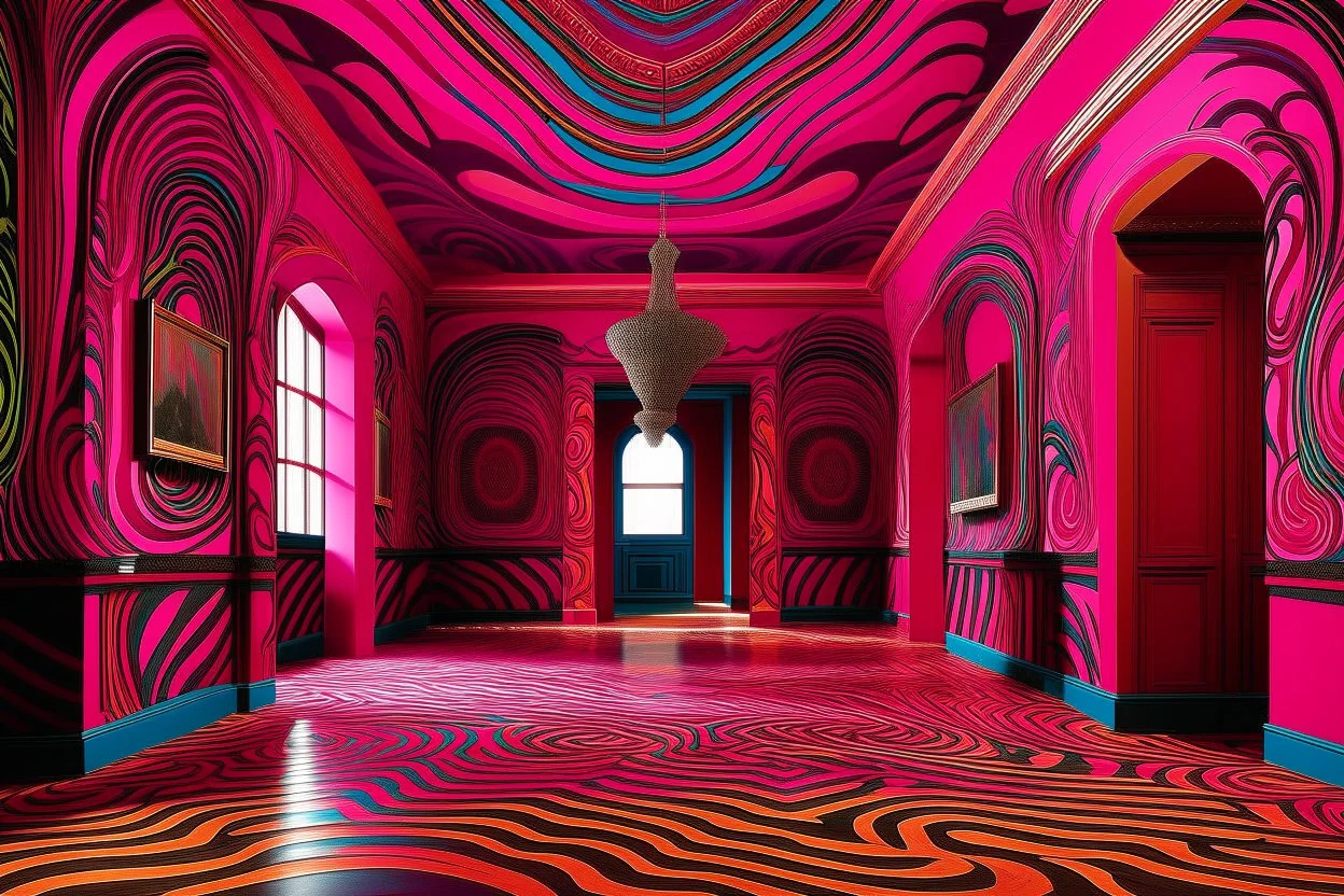 A magenta palace with swirls painted by Victor Vasarely