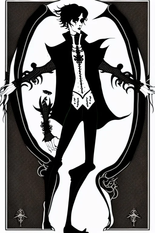 goth male necromancer with black hair and AI hands in the style of Aubrey Beardsley