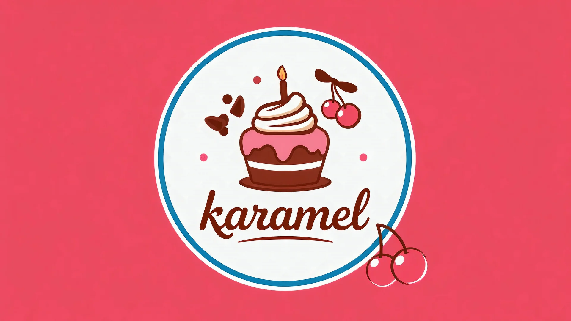 A round logo with a black, blue and pink border named (karamel) designed for a candy store with a red and pink gold color theme on a white background and using the symbols of cream, chocolate, birthday cake and some hanging cherries. Next to the logo in the design