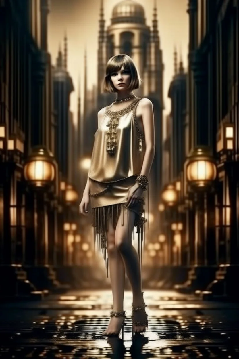 full body picture of a skinny woman with a bob, a fringe hairstyle, 1920s flapper clothing, futuristic steampunk city background