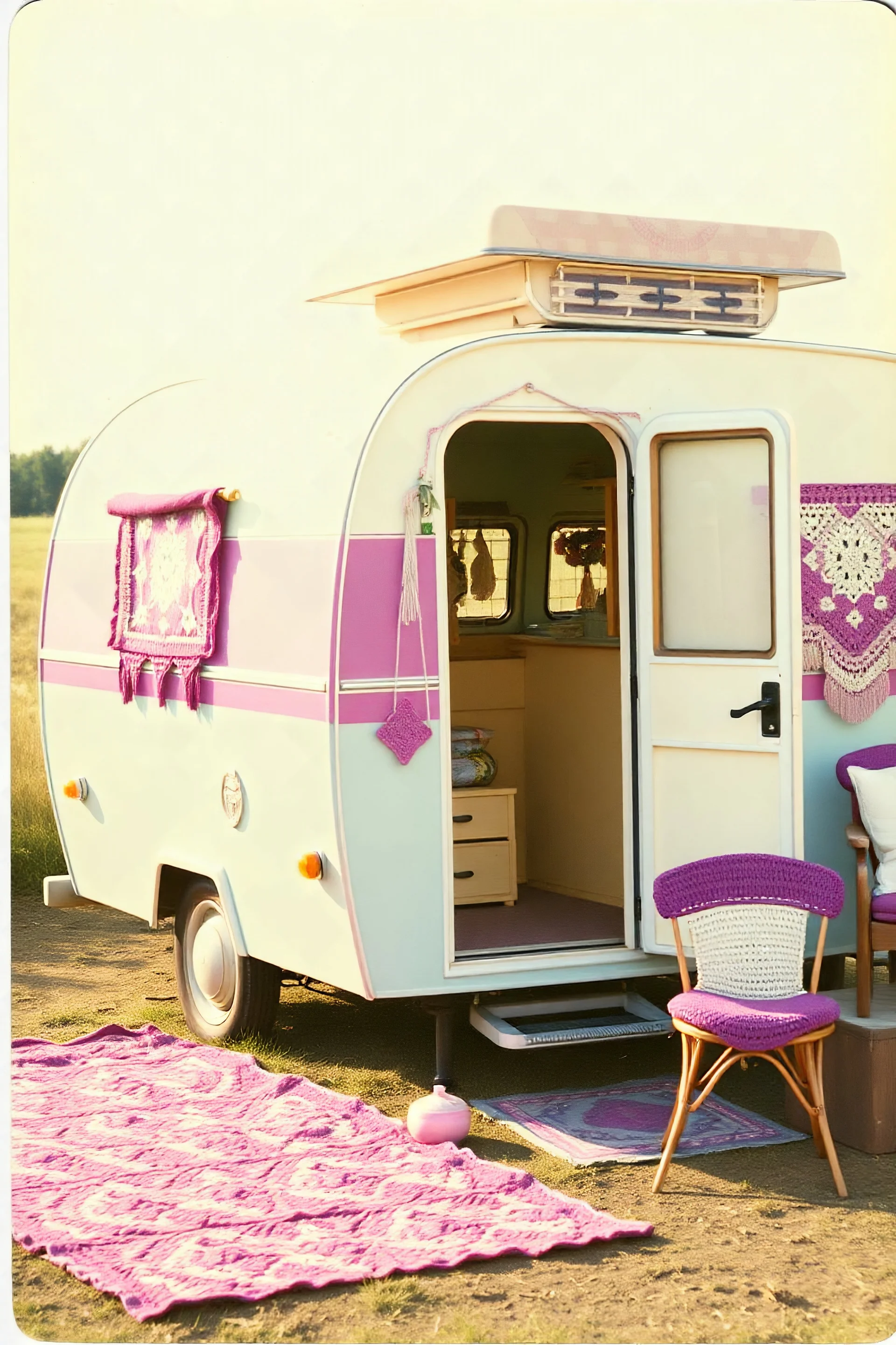 Vintage polaroid of a hippie caravan,crochet, purple
