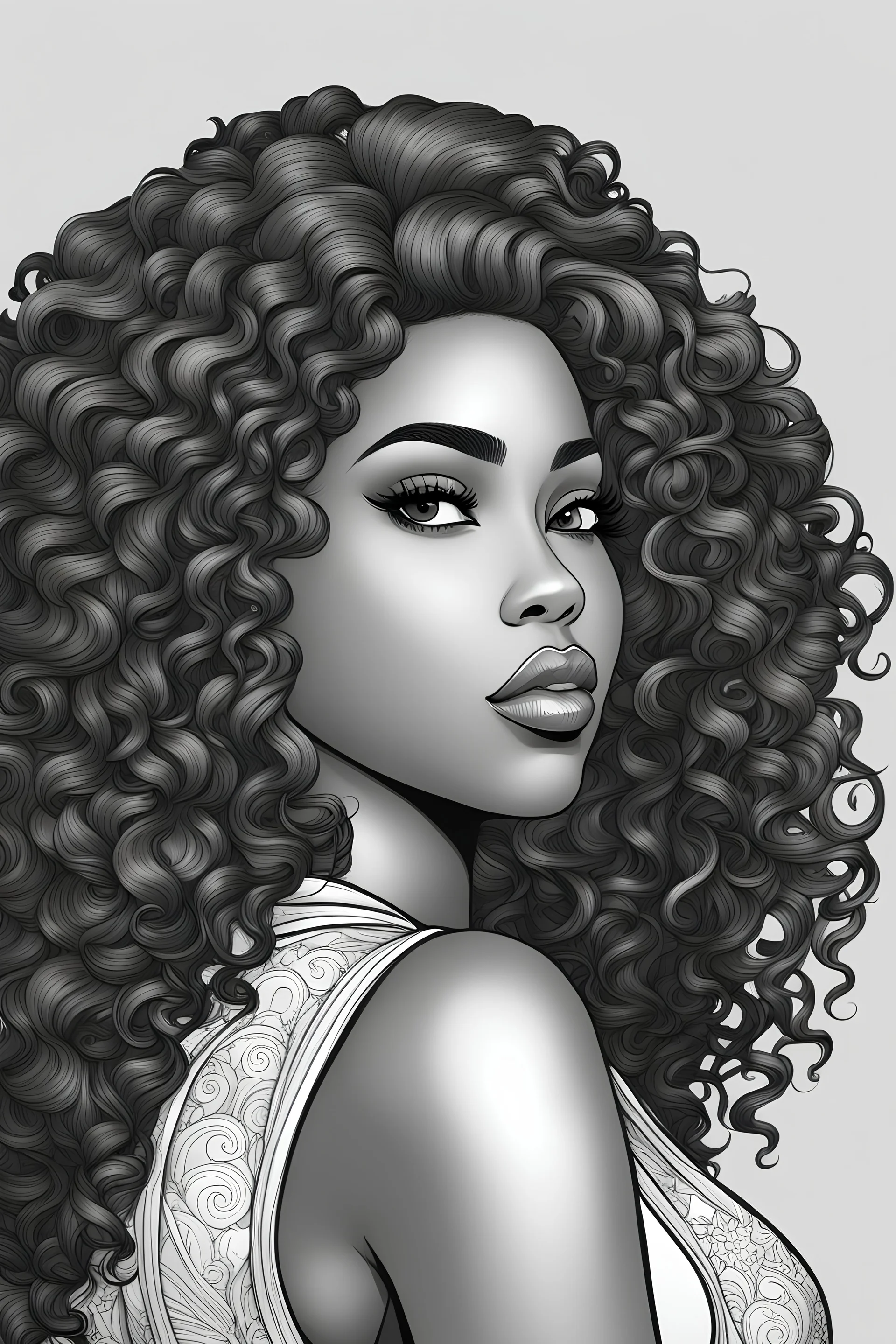 Create a coloring page of a beautiful curvy black female looking to the side with curly hair. No shading, No color, clean lines