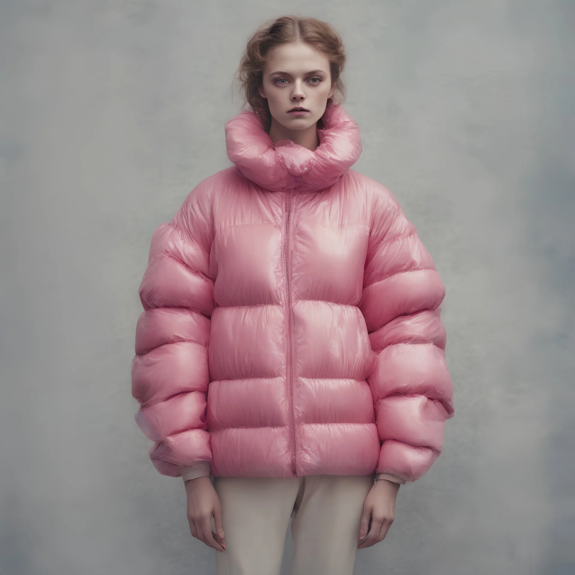 Model frida gustavsson,autochrome, pink plastic puffy jacket