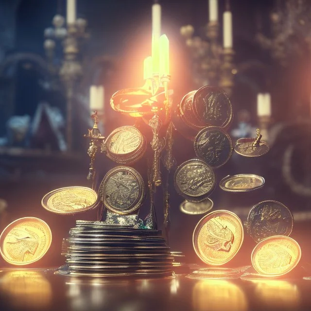 dynamic lighting, Intricately detailed, Splash screen art, deep color, Unreal Engine, volumetric lighting, silver coins, gold coins, silver treasure, stacked coins, indoors, candle, altar, black table, sigil,