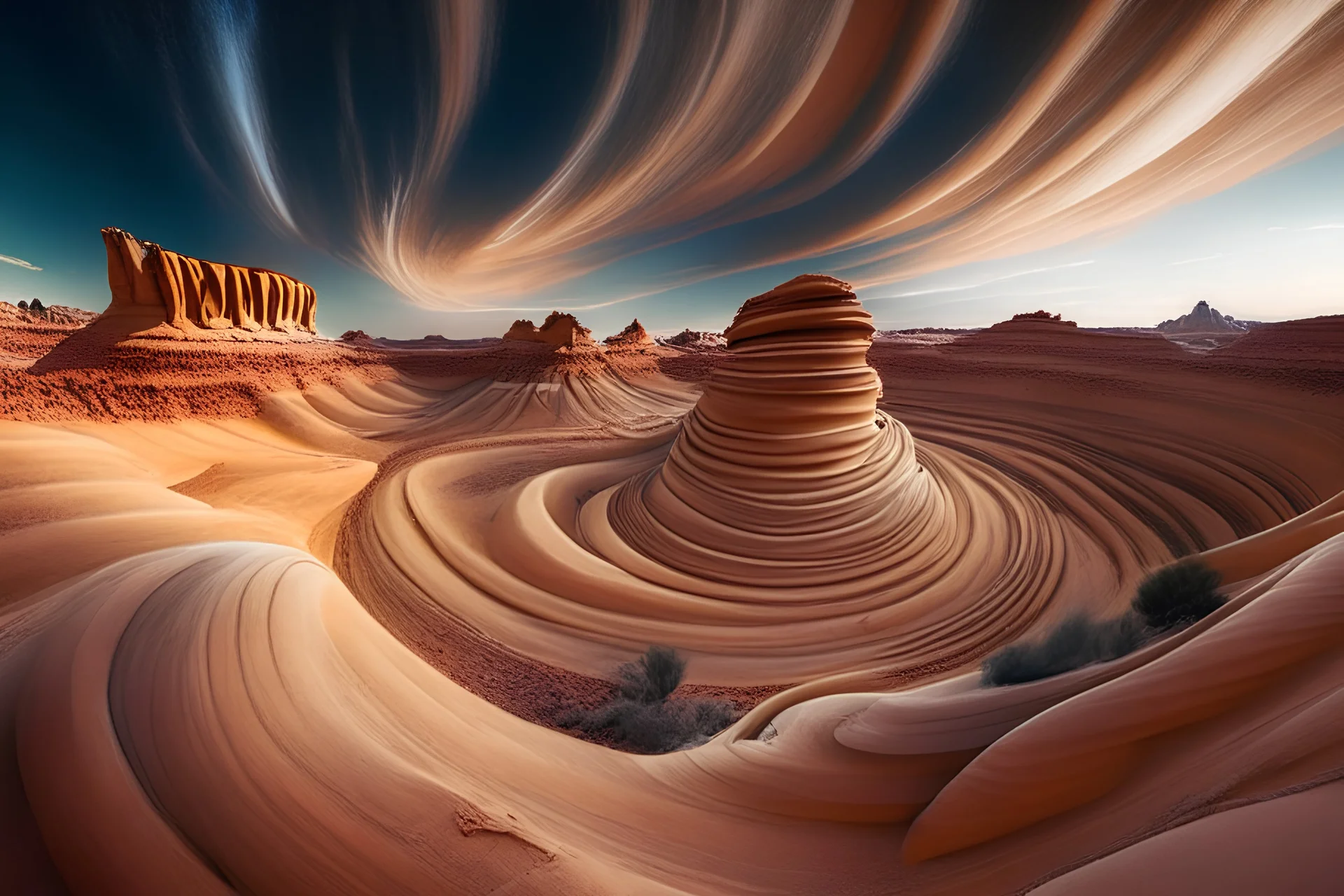 A vast desert landscape with enormous, spiraling sandstone formations that reach towards the heavens, offering a sense of awe and wonder.