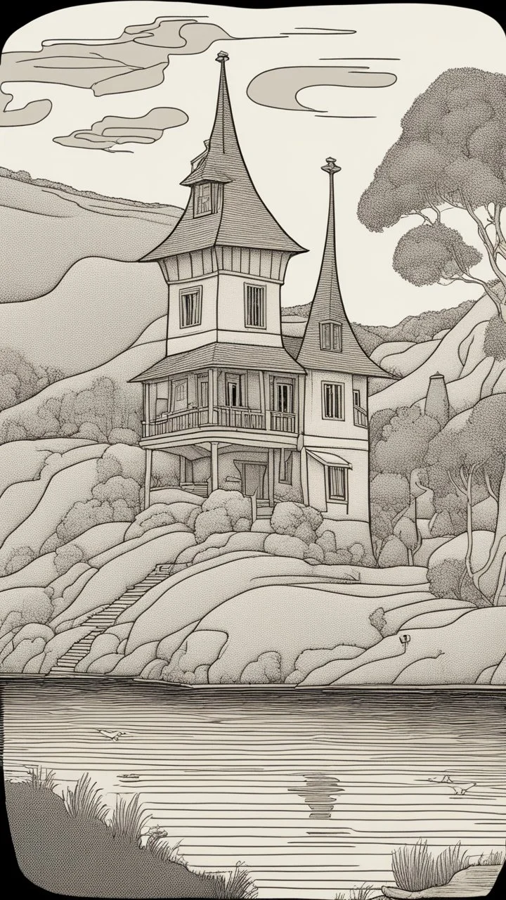 Bosch nightmares, A house by the lake designed in cave paintings painted by Paul Ranson , fine line draw style