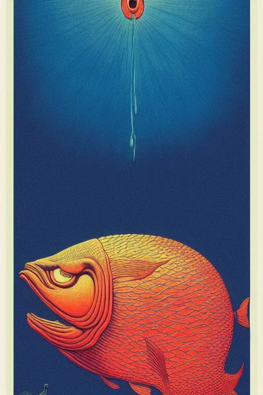 a vibrant ultraclear poster of a a big fish, by rene magritte and laurie greasley, etching by gustave dore, colorful flat surreal, ethereal, intricate, sharp focus, illustration, highly detailed, digital painting, concept art, masterpiece