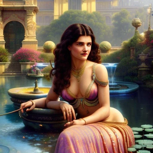 Hyperdetailed oil on canvas, young Rachel Weisz sits by the ornate fountain, goldfish pond, lotus, detailed face, long brown wavy hair; by gaspar camps, maxfield parrish, alphonse mucha, cyril rolando, dan mumford; luminous colorful sparkles, glitter, airbrush, octane render, volumetric lighting, 16k