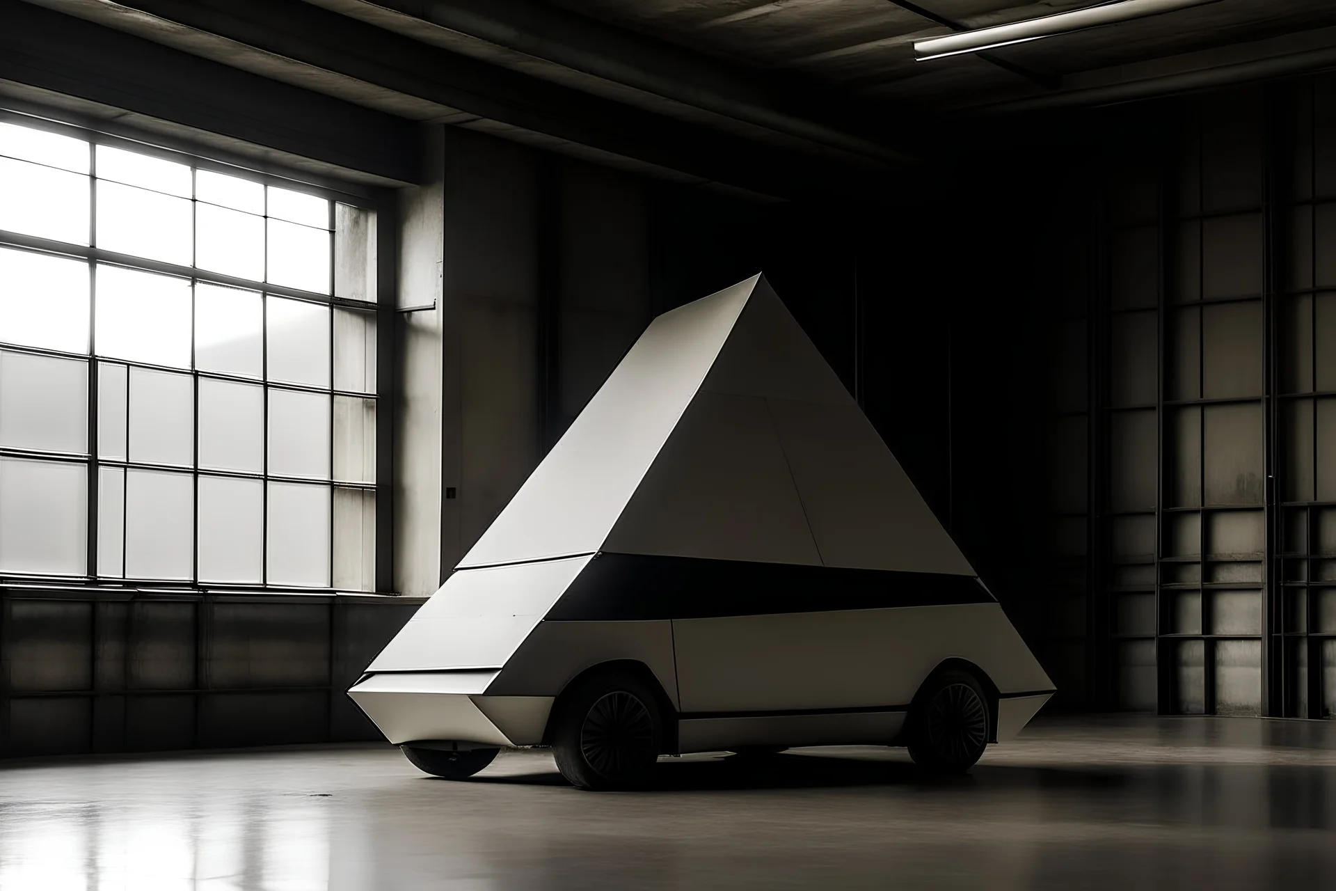 Minimalistic plolygon geometric car rick owens in brutalism warehouse