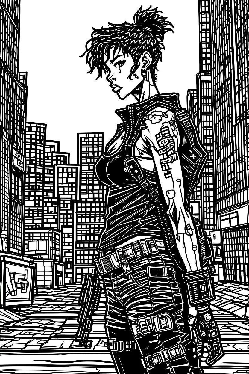 create a film noir full body portrait illustration of an athletic cyberpunk female private detective with prosthetic arm in flak vest, with highly detailed , sharply defined feminine facial features, in a chaotic, turbulent, otherworldly Tokyo in the comic art style of FRANK MILLER, ALBERTO BRECCIA, BILL SIENKIEWICZ and JEAN GIRAUD MOEBIUS, , precisely drawn, inked, with dramatic edges, chiaroscuro in stark black and white