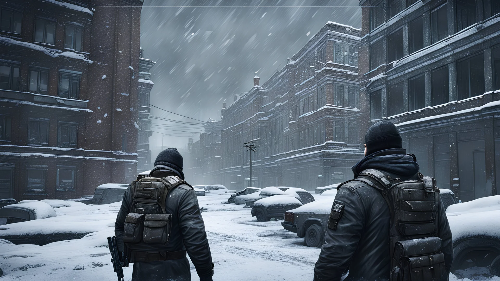 Escape from Tarkov a man in a city with snow falling