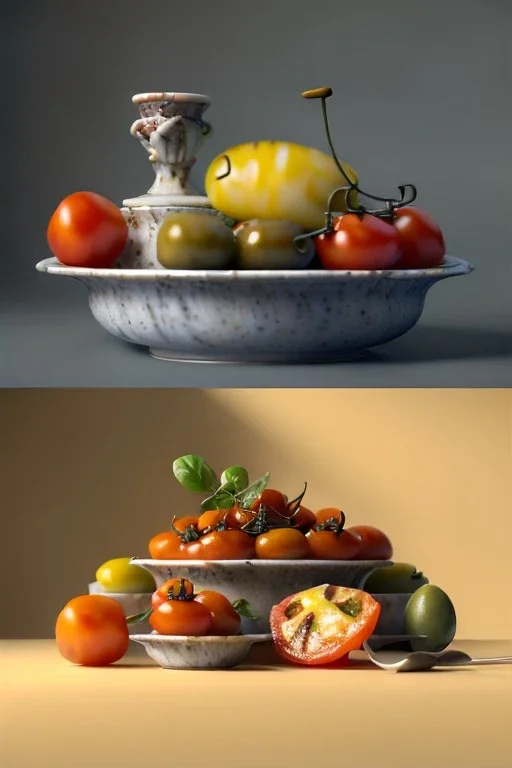 renaissance style still life composite, Ravioli pasta with natural cherry tomato, albahaca, olives, olive oil. Dish, moisture, art, natural, ornaments, ceramic, marble, high kitchen, smooth, god rays, unreal engine 5, ray tracing, RTX, lumen lighting, ultra detail, volumetric lighting, 3d.