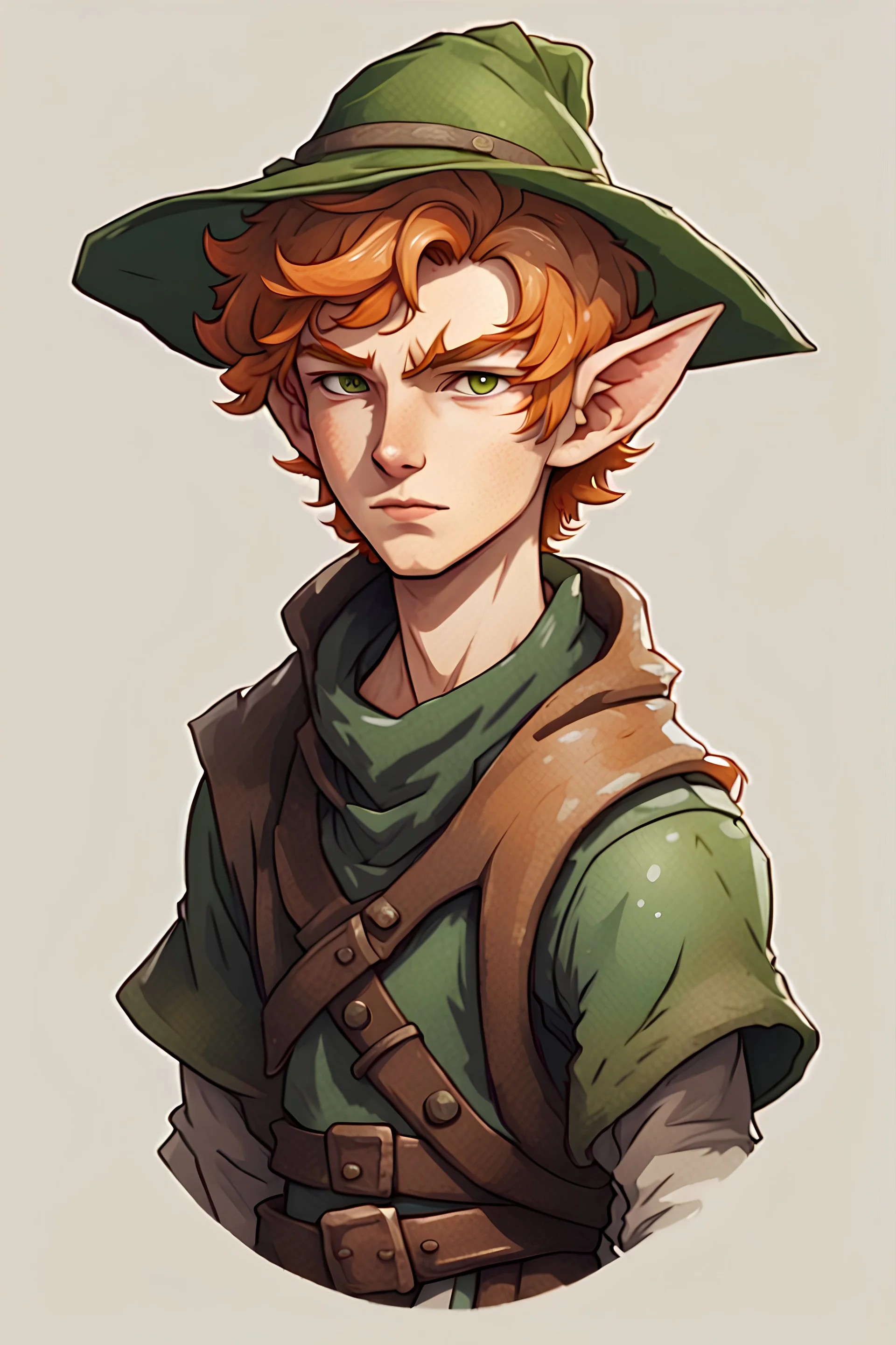 dnd character, young male with short wavey light ginger hair, pale and tired complexion, wide animalistic brown eyes, pointed ears, weathered, round face, green pointy hat