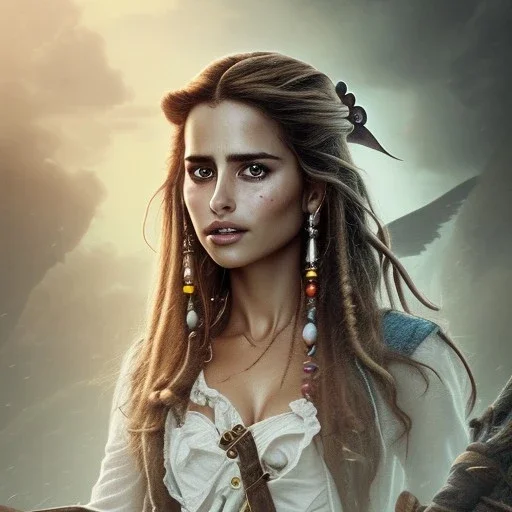 best quality, realistic lighting, masterpiece portrait of Penelope Cruz from pirates of the Caribbean, details, light dusting of freckles, shot from above, simple chain hauberk, warhammerVector art matte painting digital illustration 3D shading CryEngine Behance HD 3Delight