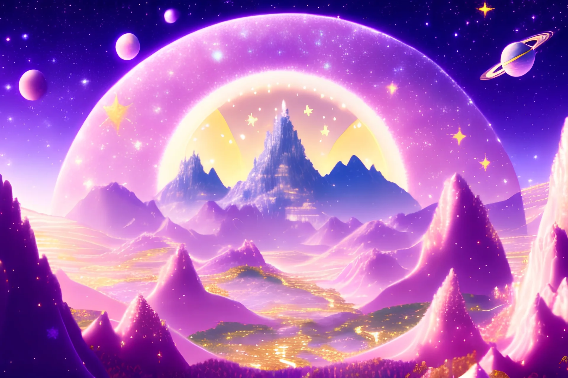 fairy panorama white castel purple mountains pink trees, , starry sky with silver and gold spaceships and planet starred sky with silver spaceships, and gold planets