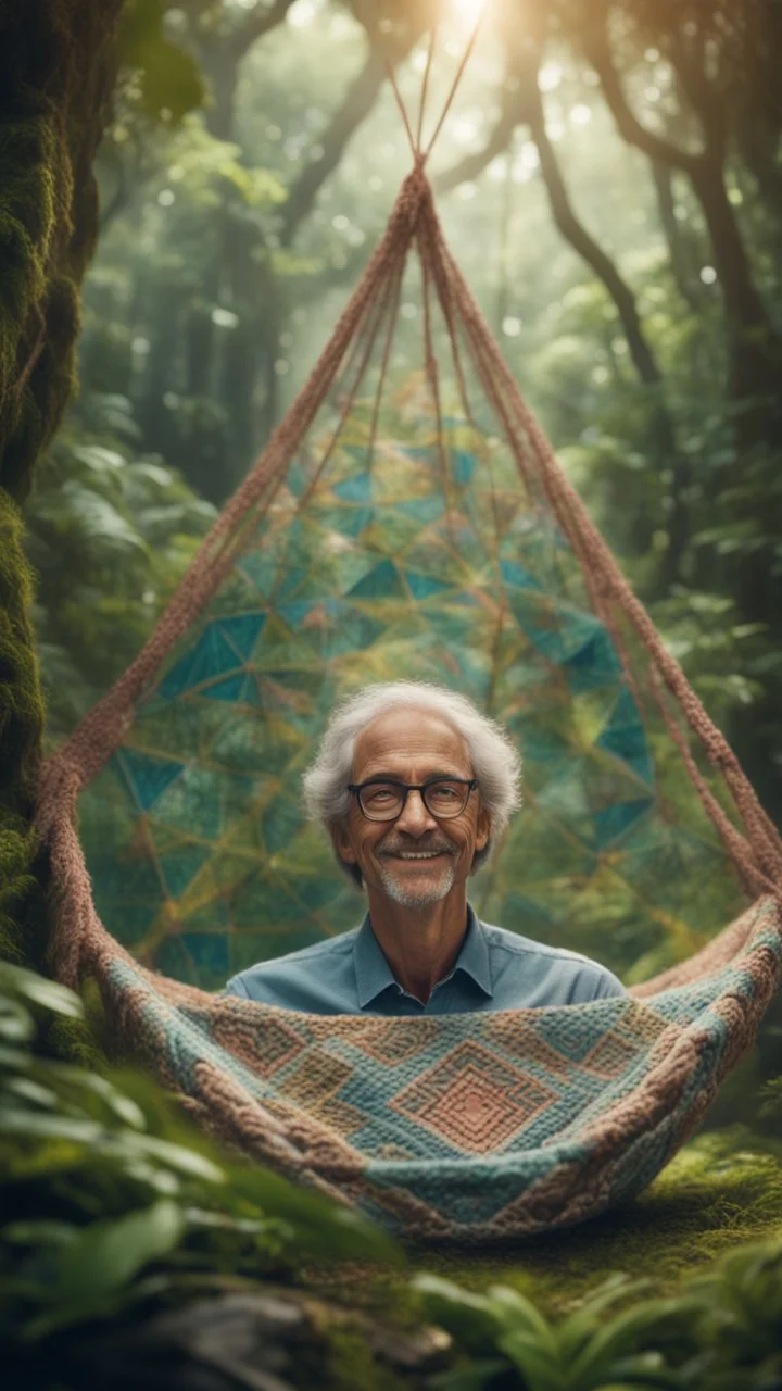 close up portrait of a happy blissed professor woven into a sacred geometry knitted tapestry hammock over a ant hill in the middle of lush magic jungle forest, bokeh like f/0.8, tilt-shift lens 8k, high detail, smooth render, down-light, unreal engine, prize winning