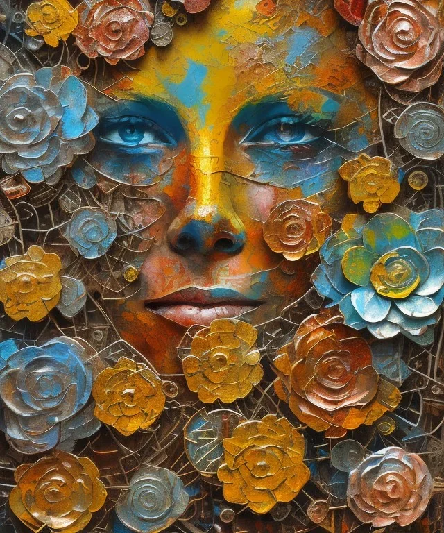  an abstract painting of rusted metal and flowers, african portrait, rust, scaffolding, iron cladding, decay, mixed media, textured, anatomically correct, beautiful perfect face, sharp focus, highly detailed, injured face