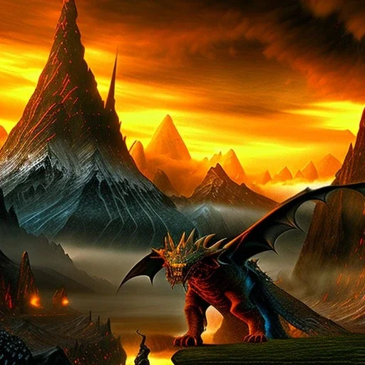 Epic Drawing of mordor scenery with a dragon of The Hobbit estilo Van Gogh 4k