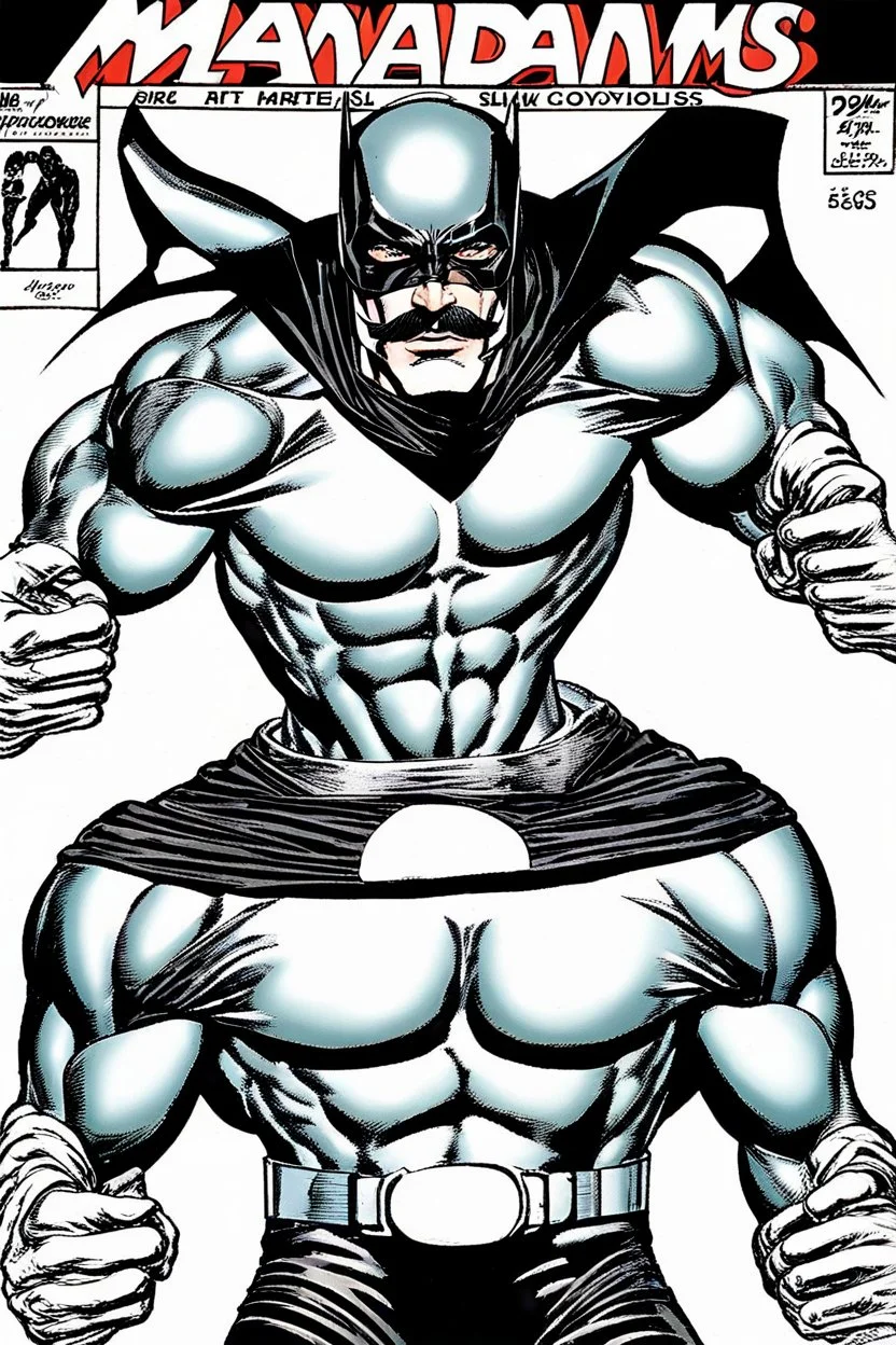 in the art style of neal adams -- an extremely muscular superhero man wearing a black, skintight, formfitting cowl, a black, skintight, formfitting, Kevlar bodysuit, Silver Wrist Gauntlets, Silver Belt, Silver knee-high boots, black gloves, silver "M" logo on the chest, a mustache and goatee, black gloves,