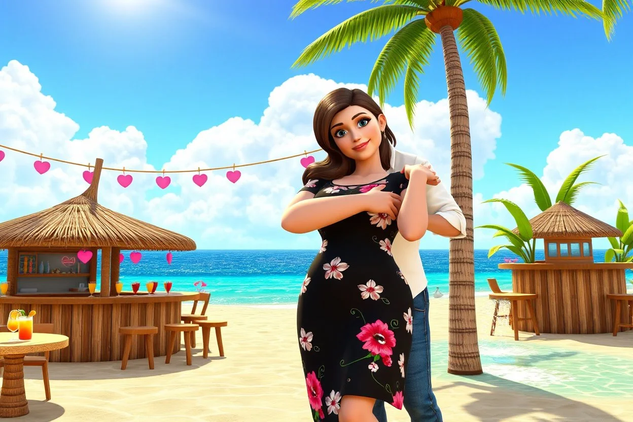 3D video game characters, a brown-haired blue-eyed plus sized woman in a black dress with white and pink flowers hugging a bald silver haired thin man with brown eyes, wearing white shirt and jeans at the beach in sunshine, tiki bar, cocktails, hearts, waterfall, happiness