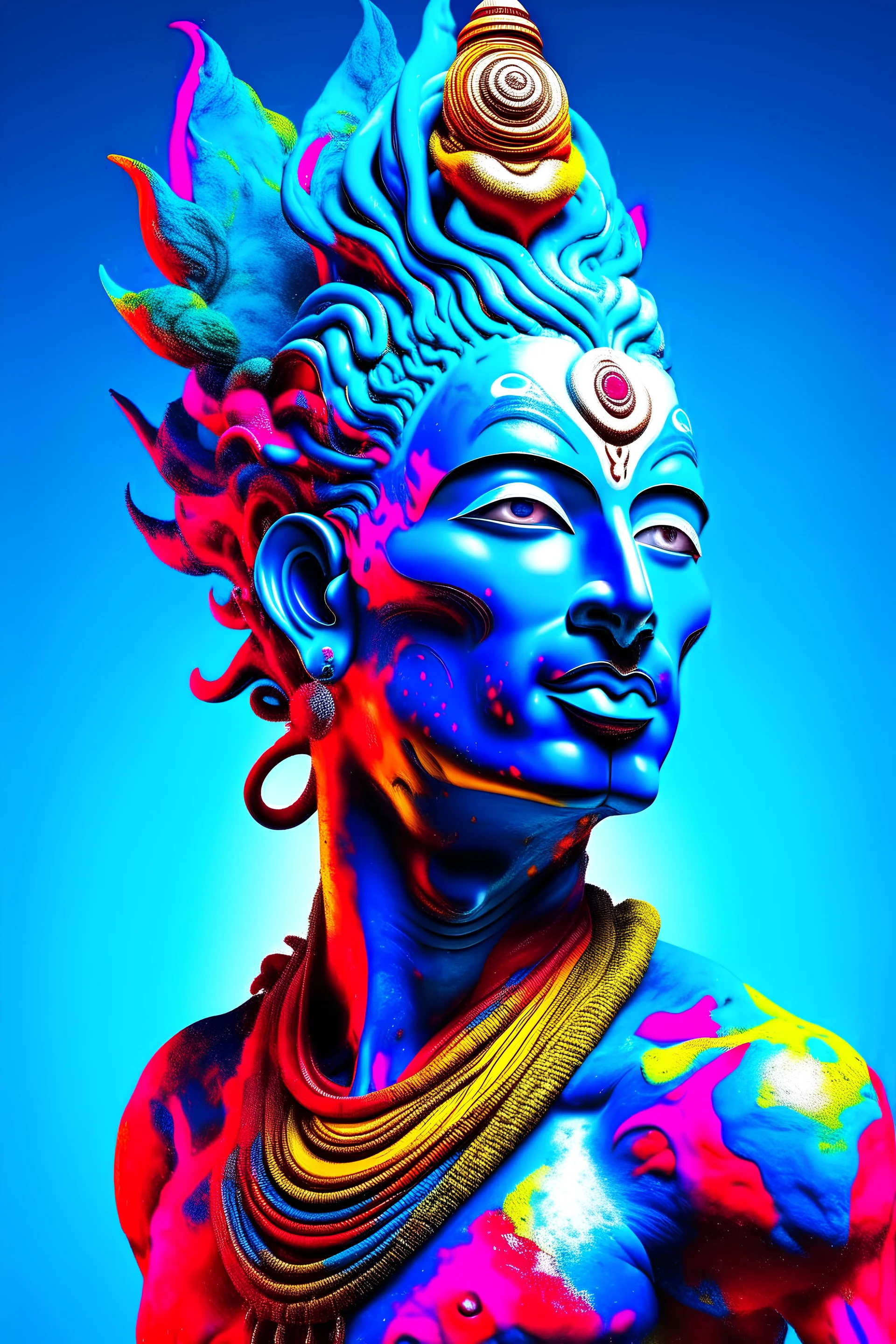 Alberto Seveso's art. the perfect poster natural highly detailed god Shiva with blue skin Wearing long hindu traditional Dhoti, vector design. ethereal random color Power Rage, standing pose, abstract alcohol ink, cosmic, outer space, and fire colors Artwork styles, highly detailed, Luminous Studio graphics engine, highly detailed symmetric beautiful hazel eyes, highly detailed gorgeous face, dynamic pose, ethereal, mystical, Celestial beautiful Surrounding Goddess Parvati Angry in Rage Electri