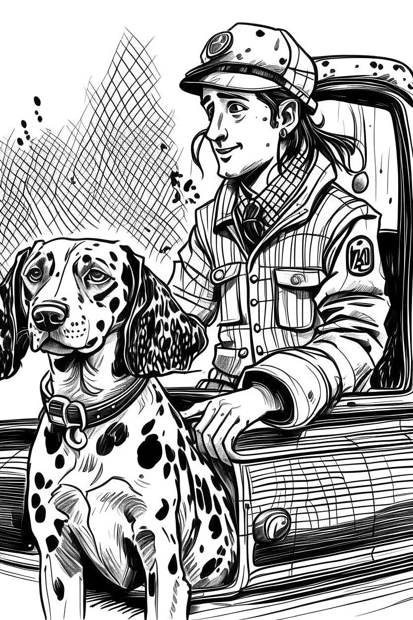 Ink sketch of a dalmatian dressed as a black cab driver resting one hand on the driving wheel and a young girl wrapped in an anorak sitting on the back seat