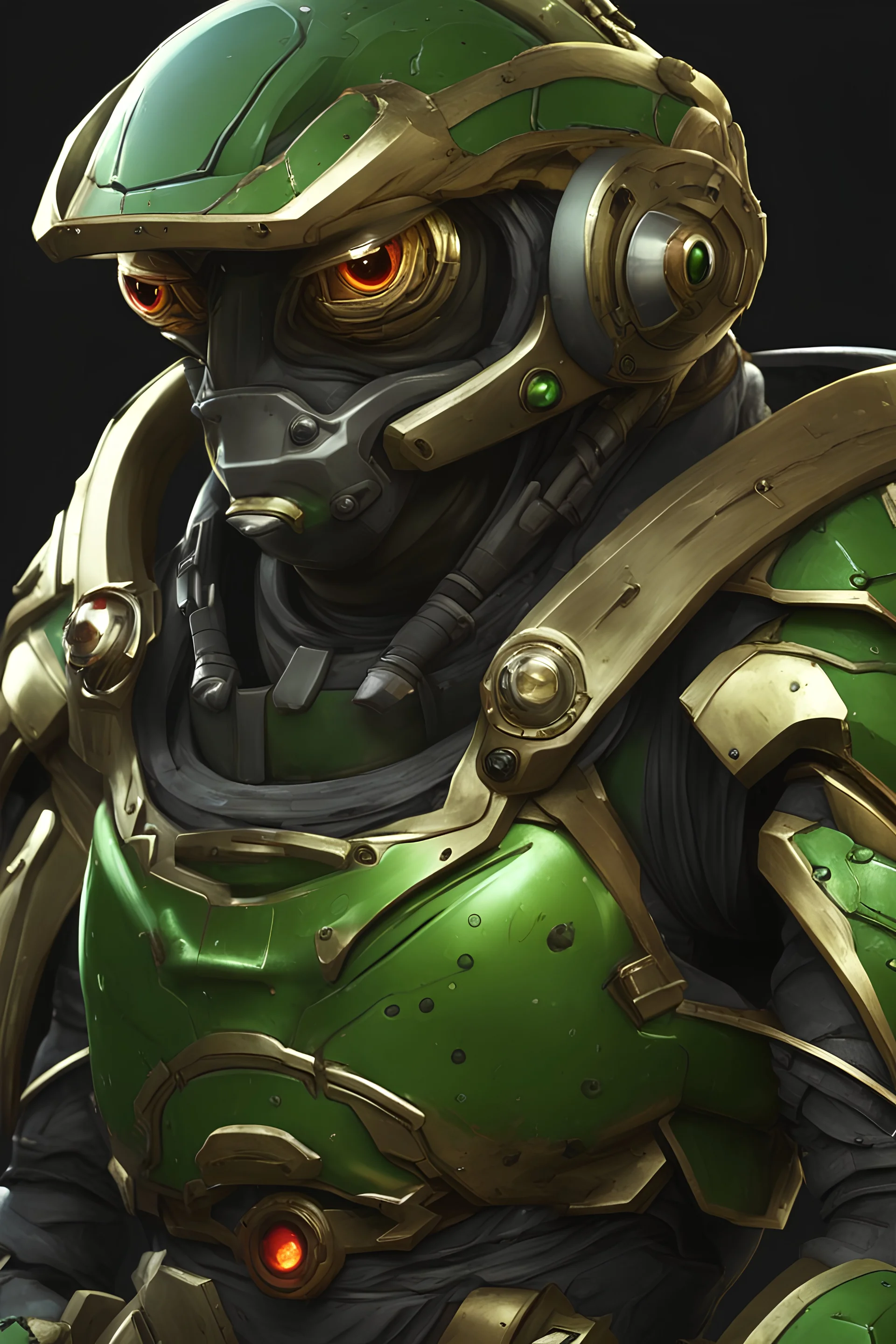 Frog Green Soldier Portrait Glow big red eye Gold Armor warrior Robotic lightning Gun Silver Smoke Dust 16k details epic rare future water nice weapon