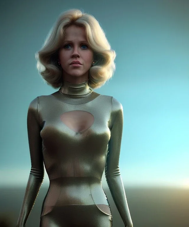 Ultra Realistic retro sci-fi movie, classic ovni levitating scene, 1960 year, waist up view portrait, a super giant blonde woman, sweet teenager Jane Fonda face, perfect iris, glow eyes, face makeup, tight latex coat, many people, Retro sci-fi style, soft color, highly detailed, unreal engine 5, ray tracing, RTX, lumen lighting, ultra detail, volumetric lighting, 3d, finely drawn, high definition, high resolution.