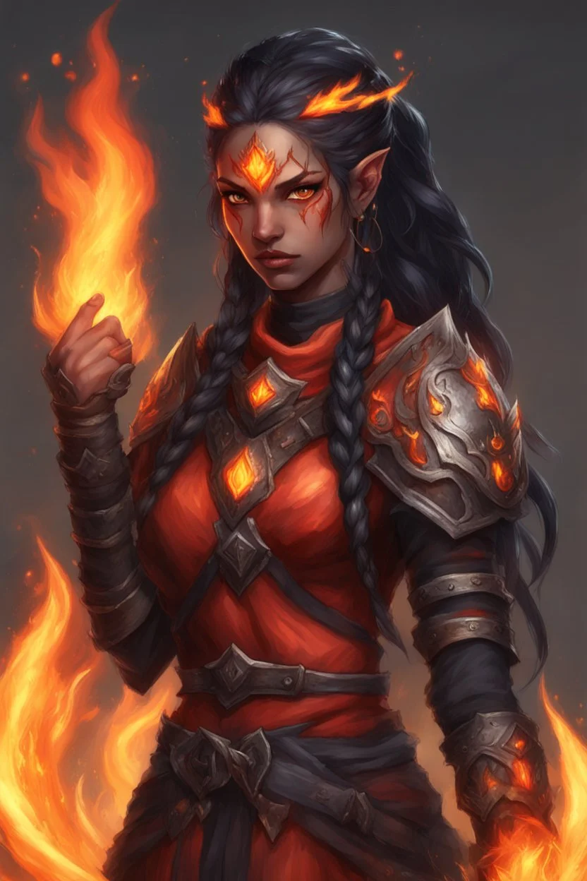 Paladin druid female made from fire . Hair is long and bright black some braids and it is on fire. Eyes are noticeably red color, fire reflects. Make fire with hands . Has a big scar over whole face. Skin color is dark