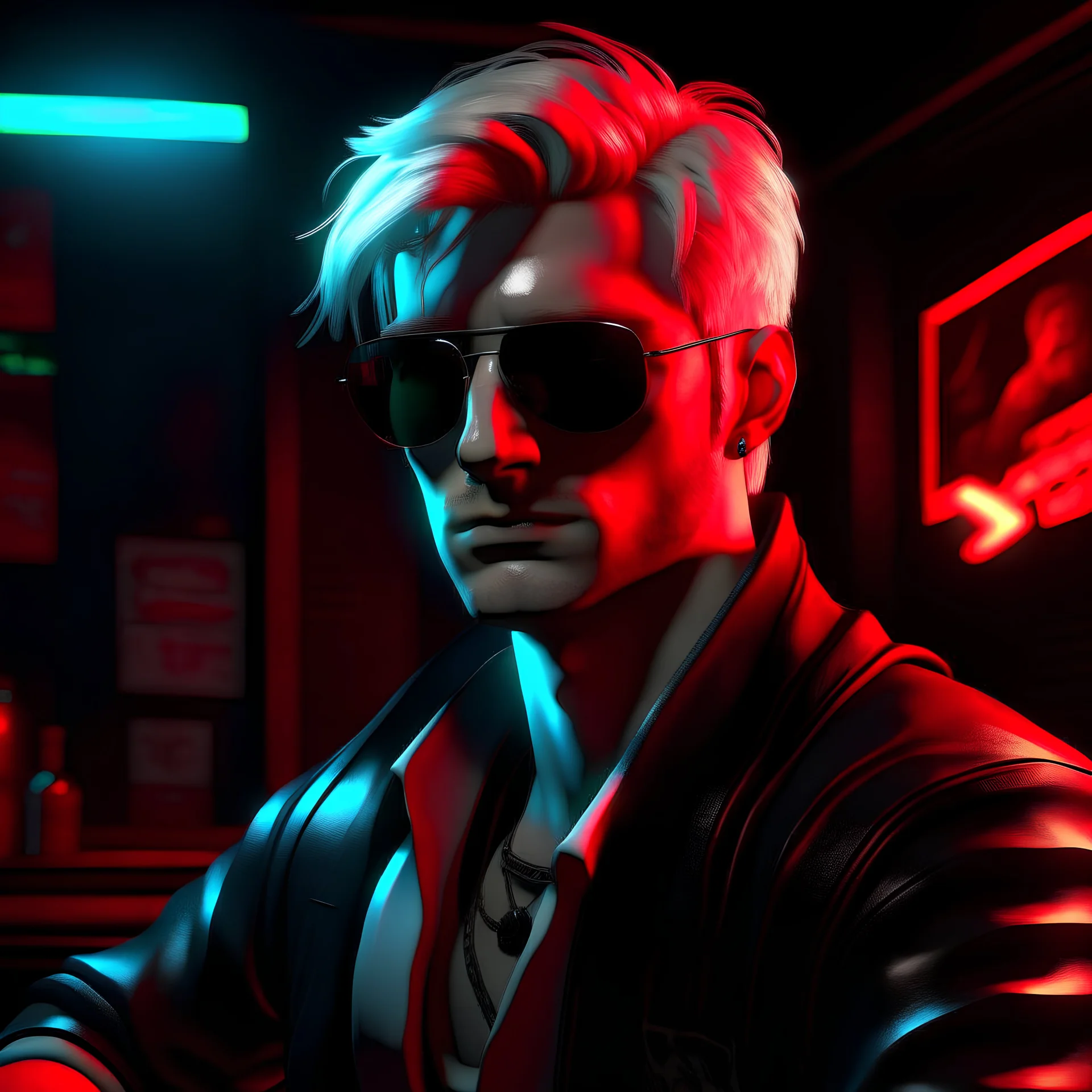 vampire the masquerade toreador whiteblonde hair lean 20 year old male with red sunglasses a red tuxido in a nightclub, photorealistic