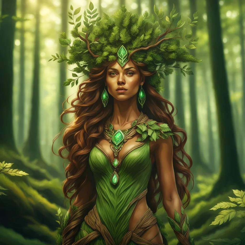 create a full body portrait of a forest dryad enchantress , with highly detailed, sharply lined facial features, in the deep forest of Brokilon , finely inked, in rustic colors, 4k in the style of Peter Mohrbacher source vibrations, bokeh like f/0.8, tilt-shift lens 8k, high detail, smooth render, down-light, unreal engine, prize winning