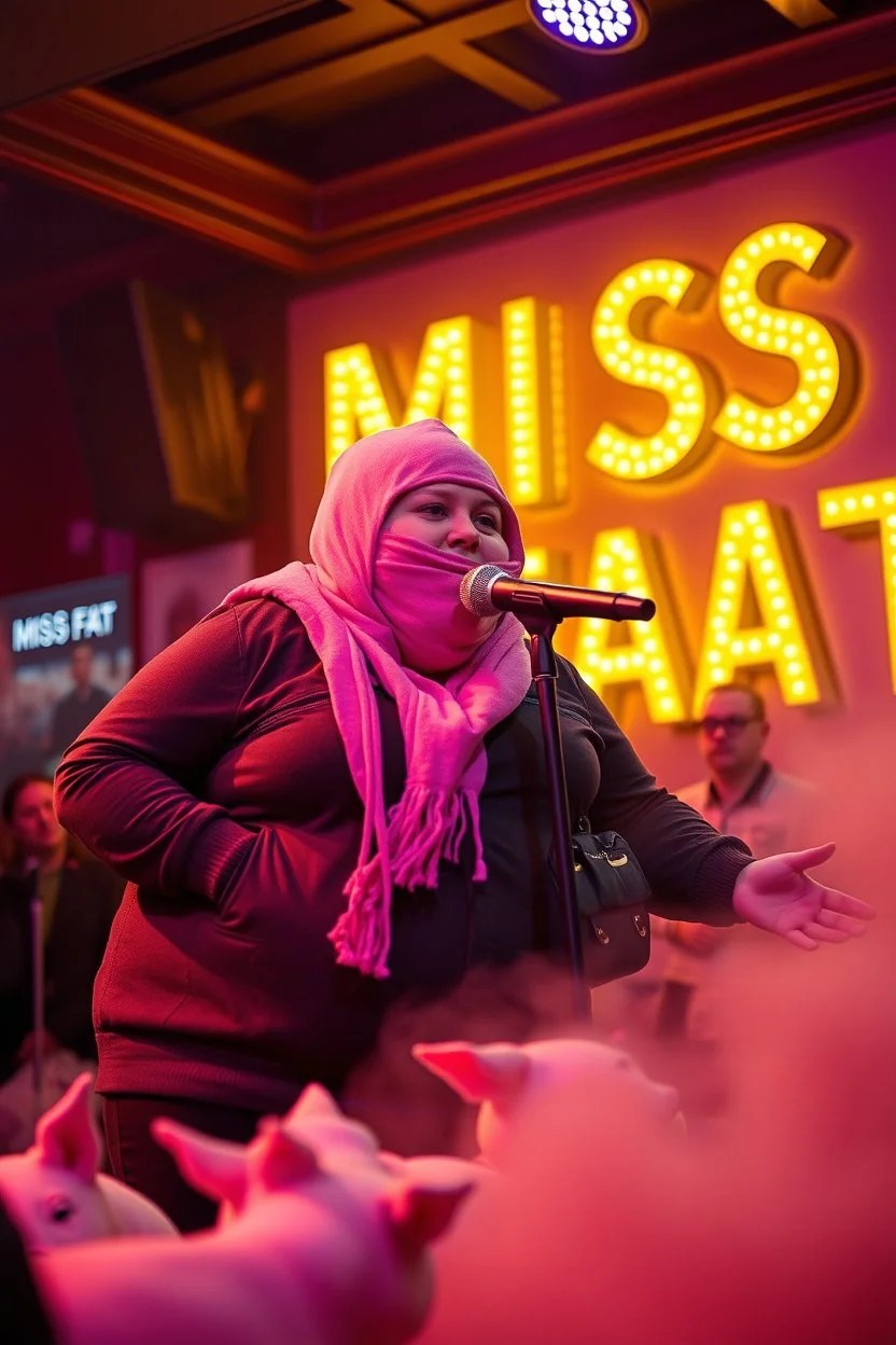 a very fat swedish girl, with pink balaclava with called "Fröken Fläsk" performing at dance club, her name is "Fröken Fläsk" piglets On stage, yellow Neon lights and smog, and "FRÖKEN FLÄSK" big sign on the wall, she singing with mic, text in swedish! no translate mr. stable ai