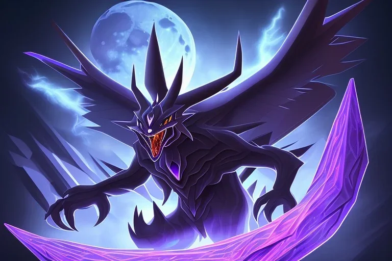 legendary pokemon. Dark type. Mythical. Chaos. Nightmares. Black and purple colors. intimidating. moon. night. God. big beast. creature.