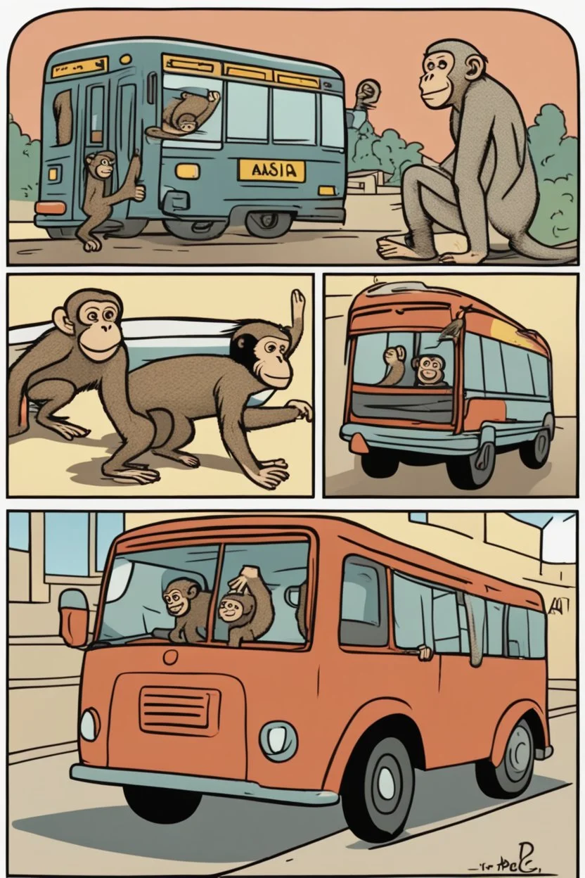 A monkey riding a bus, and a monkey using aa grill, a monkey going to work, and a monkey staying cool, in the art style of Pablo Picasso in a comic book format.