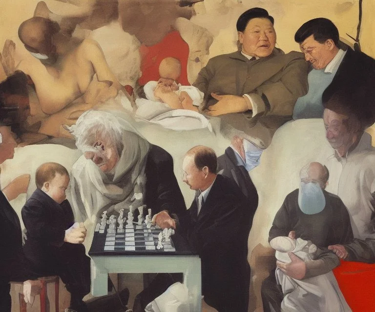 Complex Surgical Instruments,Putin, President Xi Of China And Joe Biden Play Chess with a Newborn Boy,Painting By Adrian Ghenie,Michelangelo,Rene Magritte,Lucian Freud,Salvador Dali,Pablo Picasso