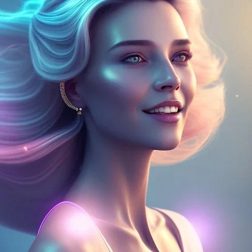 A portrait very beautiful woman ,smiling, longs hairs,elegant, atmospheric, realistic, cinematic lighting, pink blue light, 8k, galactic atmosphere, flowers