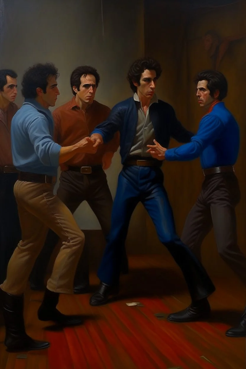 1970's dark fantasy action scene dnd style oil painting of seinfeld in sport outfits with minimalist far perspective.