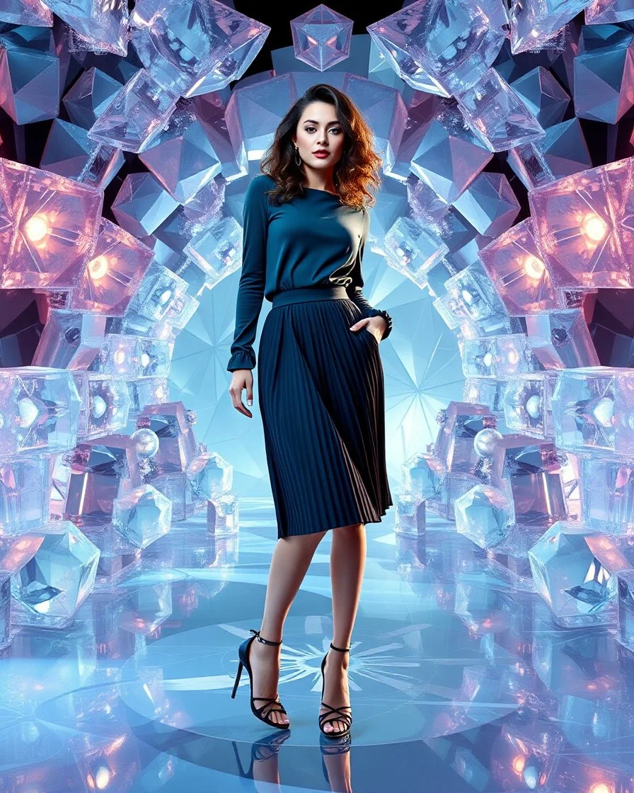make a picture pretty stage made of crystal diamond 3d fractal recursive cubic and sphere base structures and a beautiful fashion model lady posing with cute,with dark cyan decholte top and pretty pleated midi skirt,siver high heels ,makeup curvy long hair,dynamic camera zoom to full body and pan, dynamic lights.