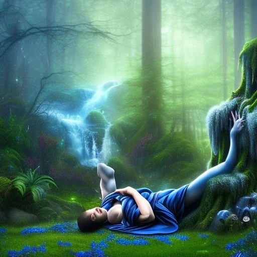 crazy detail, magical forest background, waterfall, blue but cloudy skies,close up of body of cute dark male poet sleeping on ground wearing soft robes and blue gloves,dark stone statue, lively eyes,hidden hands, framed by foliage, shiny eyes, holding up scroll