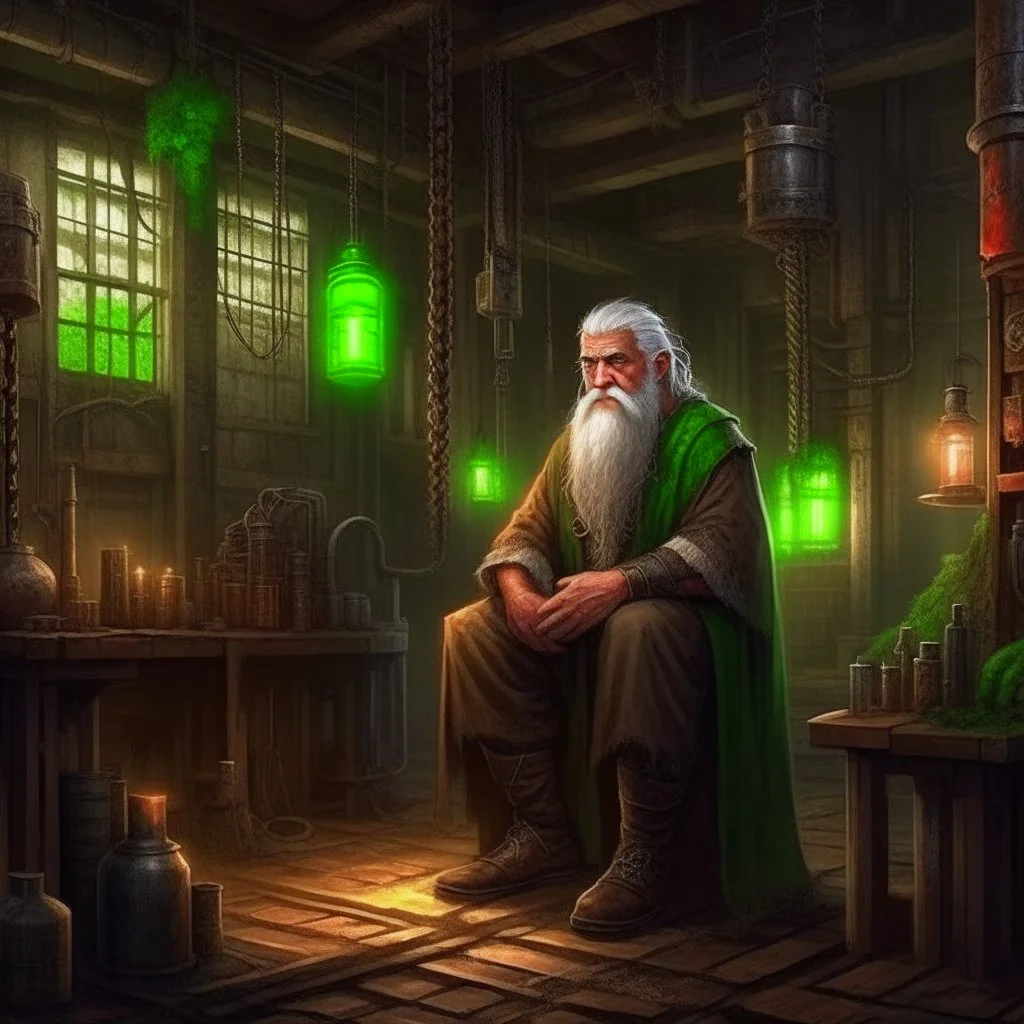 old druid in industrial setting fantasy art