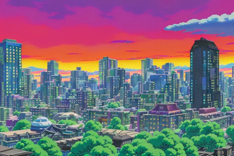 A dramatic landscape shot from 'Embers of Tomorrow', depicting a neon-soaked Gastown in Vancouver, its skyline dominated by towering skyscrapers and massive digital billboards. A thin layer of smog hangs in the air, partially obscuring the cityscape. Yui and Toshi are captured entering the city, their farming gear contrasting sharply with the high-tech urban jungle.