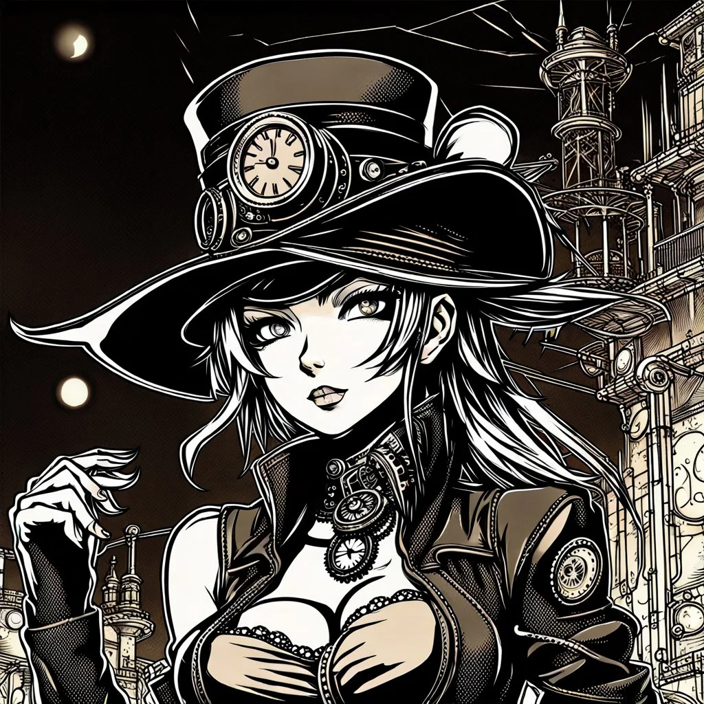 Bad ass girl with a hat at night in Steampunk manga style