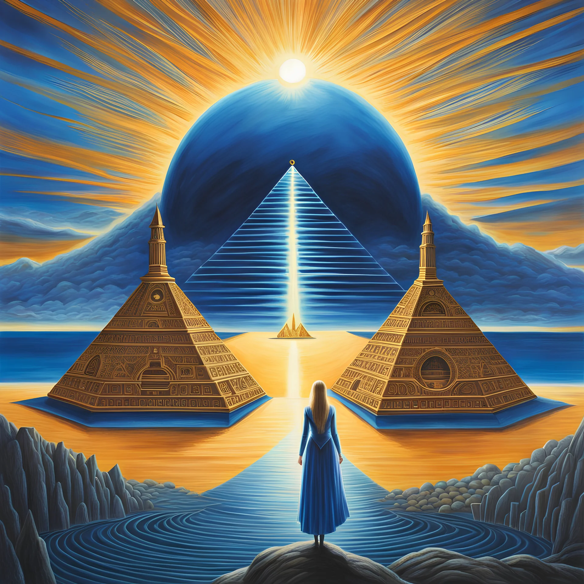 centered an extraordinary view of an otherworldly alien dark blue pyramid palace with a large sun symbol on top of it, surrounded by ocean, a queen of an otherworldly extraterrestrial race is standing in the foreground looking at her land, intricate airbrush art, pencil sketch, crisp quality, award winning masterpiece