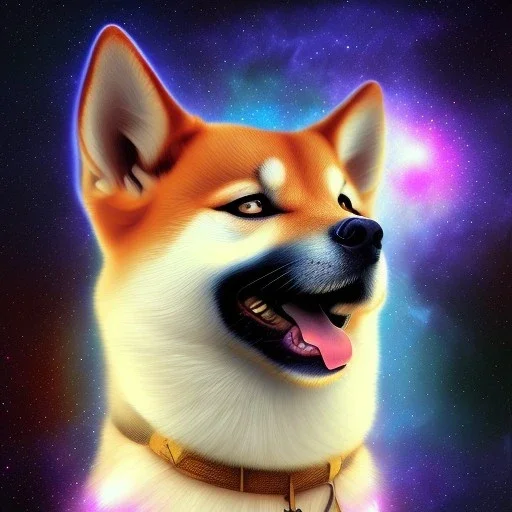 third eye ascension shiba inu doge with heaven glowing aura Q anon far away galaxy