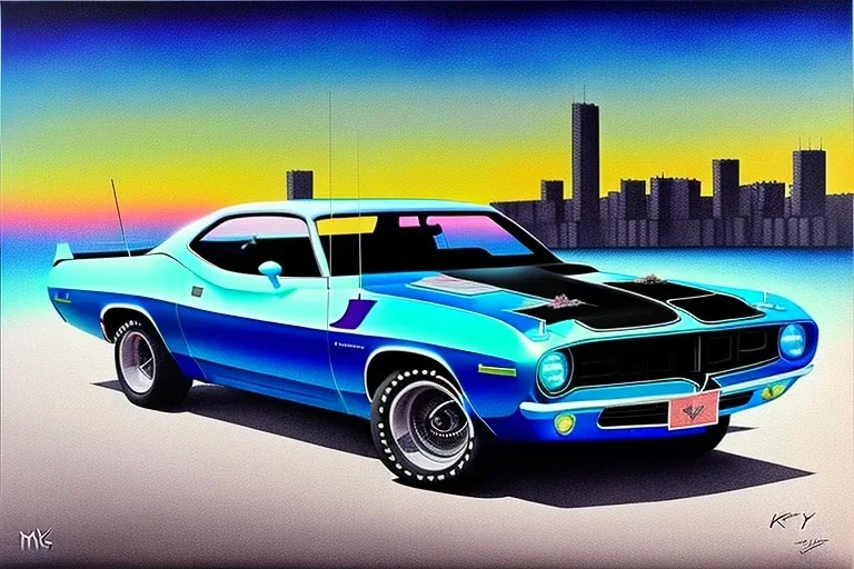 a true-to-life 1971 plymouth cuda 426, centered, intricate, extreme detailed, photorealism, center view, city background, pivot on plymouth, pen and color marker painting by cheryl kelley