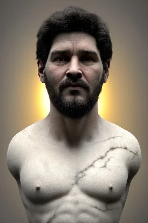 Ultra Realistic image, classic sculpture, white marble material, young Maradona, gold crown of natural thorns, god crown, gold veins, gold ornaments, Renaissance style, sun rays background, waist up portrait, epic, celestial, cinematic lighting, God lights, 4k resolution, smooth details, soft lighting, unreal engine 5, art station, substance 3d.